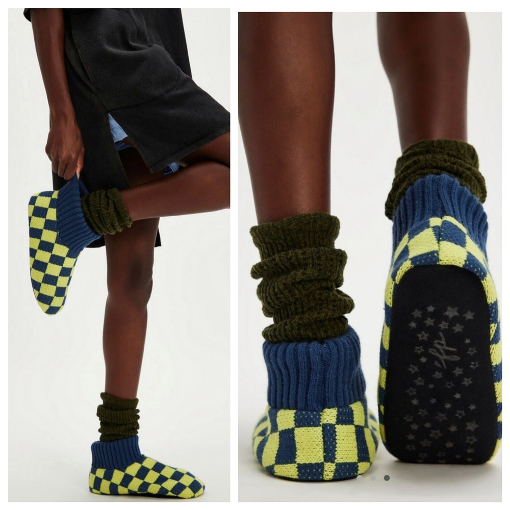 Free People Faux Fur Sleepover Booties 7 Socks Blue Yellow Checkered Cozy